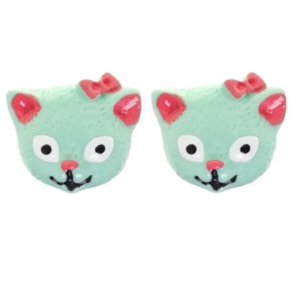 Mint Green and Pink Cat Studs - 1950s Kitsch Vintage Inspired Kittens Cute NWT - Picture 2 of 2